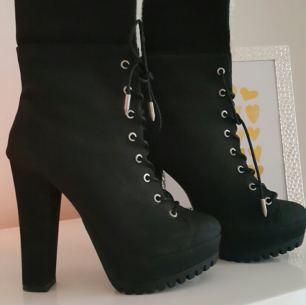 High Heel Lace Up Ankle Fur Bootie